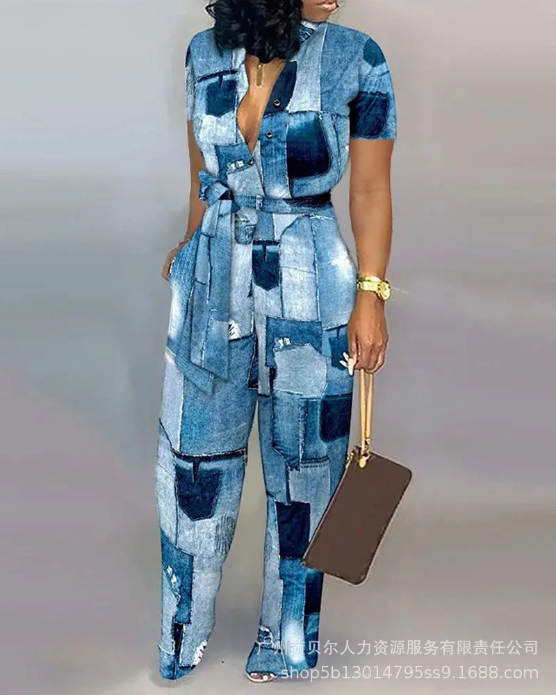 

Denim Look Print Tied Detail Wide Leg Jumpsuit Women New Spring Summer High Waist Overall Pants Jumpsuits