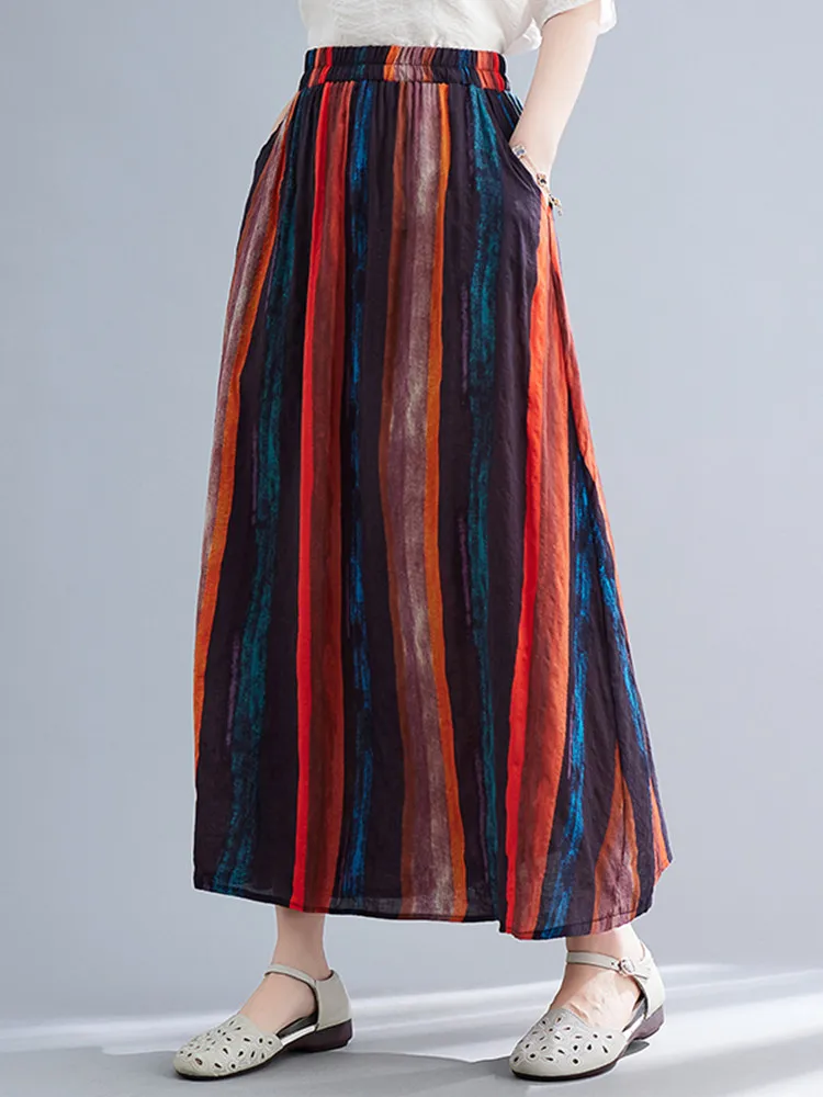 

Женская винтажная хлопковая юбка в полоску, Повседневная Свободная длинная юбка с высокой талией, одежда в Корейском стиле на лето, 2023