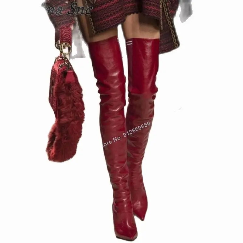 Moraima Snc Red Over the Knee Boots Pointed Toe for Women Solid Thigh High Boots Stilettos High Heels Runway Zapatillas Mujer