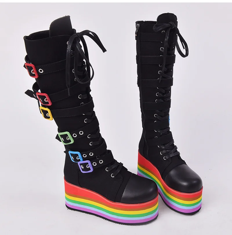 2022 Autumn Winter Sale Punk Halloween Witch Cosplay Platform High Wedges Heels Black Gothic Calf Boots Women Shoes Big Size 43