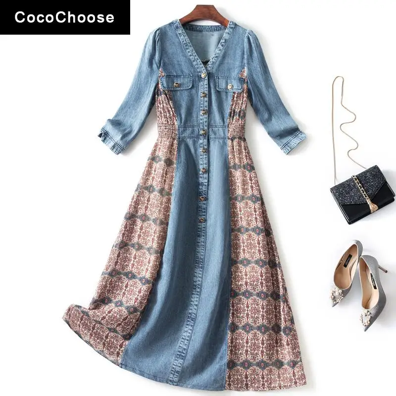 

Women Casual Dress Spring Summer 2022 Fashion V-neck Three Quarter Sleeve Slim Waist A-line Chiffon Patchwork Denim Dresses Blue