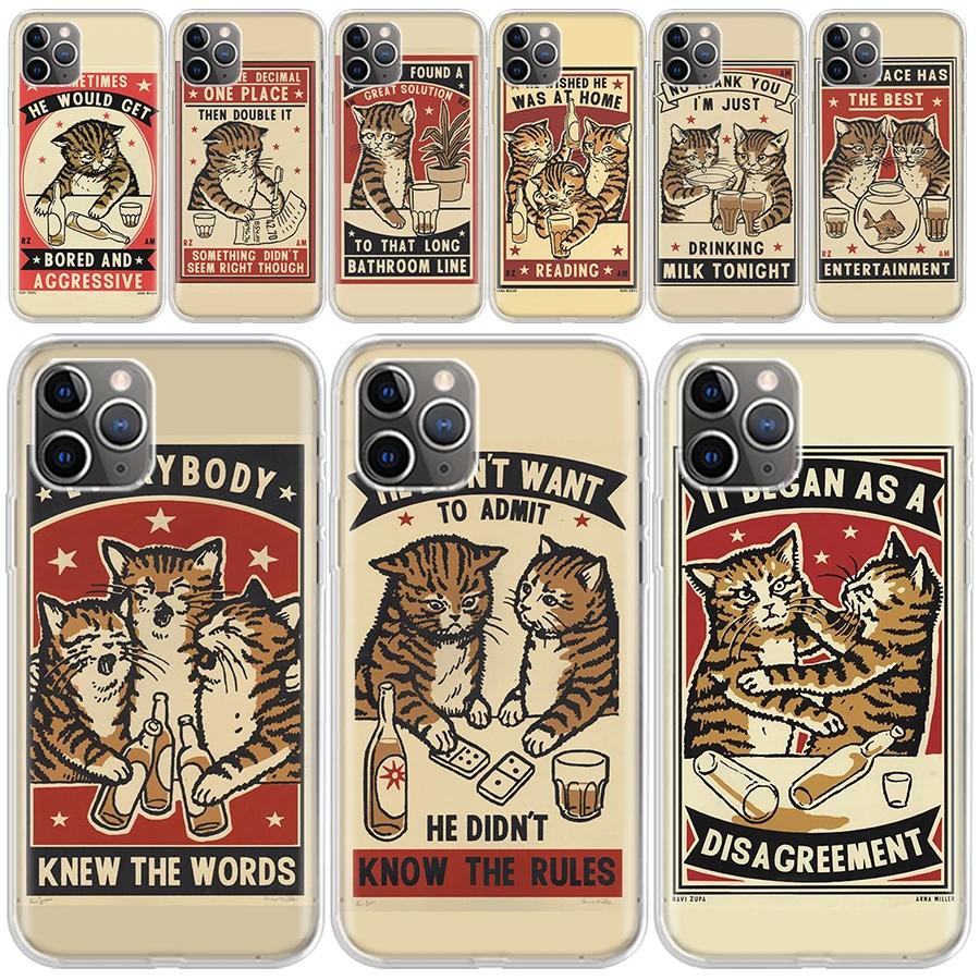 

Matchbox Cat Pattern Transparent Soft Phone Case for iPhone 14 13 12 11 Pro Max 7 Plus Apple XS XR X SE 8 6 + 6S 5 5S Mini Shell