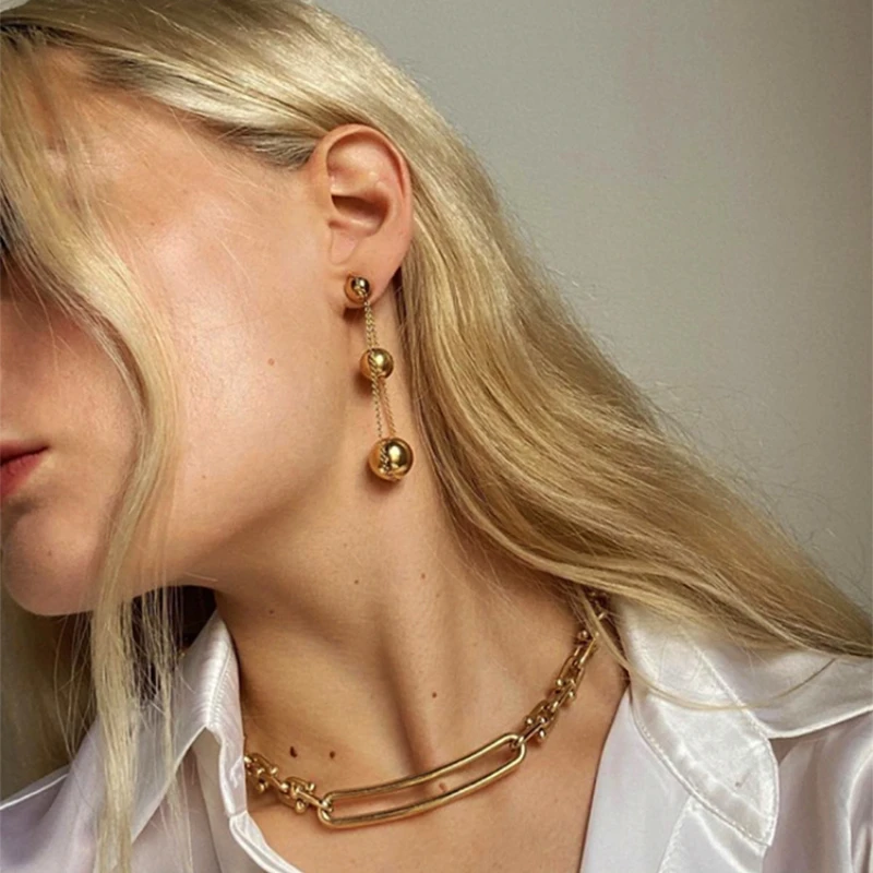

Modern Jewelry Round Ball Drop Earrings For Women Female Popular Style Golden Silvery Plated Long Dangle Earrings Dropshipping