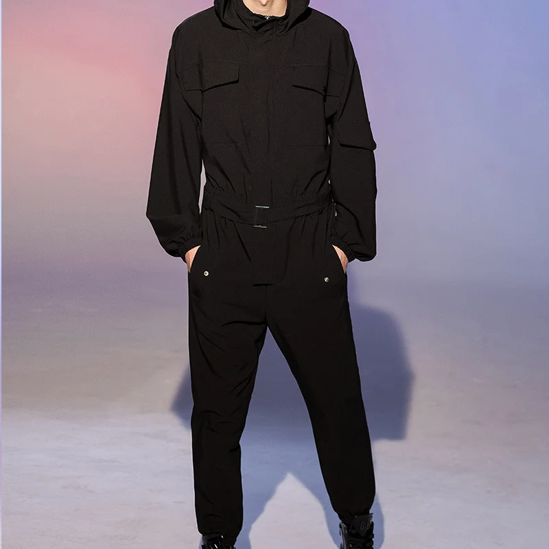 

New Fashion Hooded Long Sleeve Jumpsuit Joggers Romper Solid Color Male Streetwear Casual Trousers Men Hip Hop Overalls