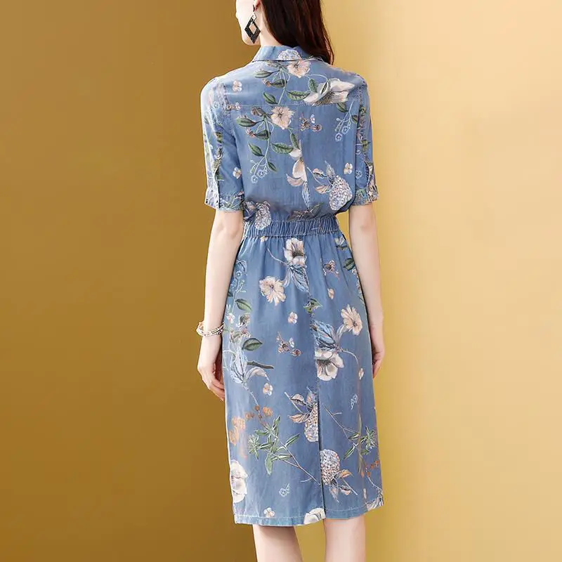 Джинсовое платье-рубашка женское летнее Новое Повседневное платье с цветочным