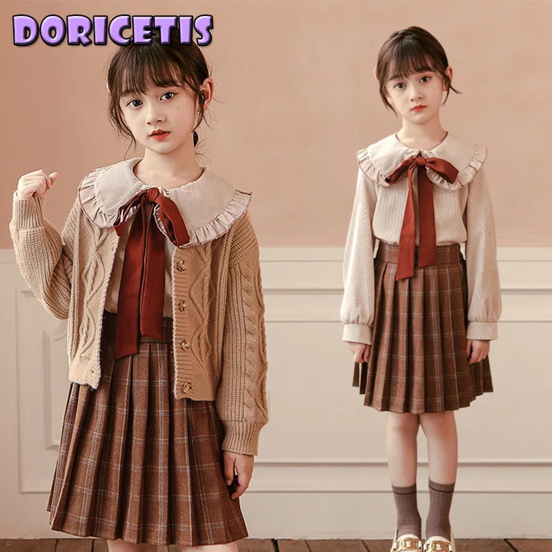 

Children Dress Cute Bow Decoration Lapel Shirt Pleated Skirt Sweater Set Little Girl Spring Go Out Fashion College Style Dress