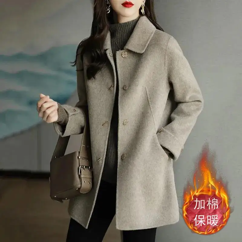 

Осенне-зимнее шерстяное пальто для женщин, свободное элегантное пальто, новинка 2023, модная верхняя одежда из хлопка, черный шерстяной плащ для женщин