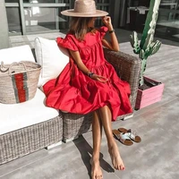 womens loose pleated short sleeve dress womens solid color streetwear butterfly sleeve o neck plus size clothing for women