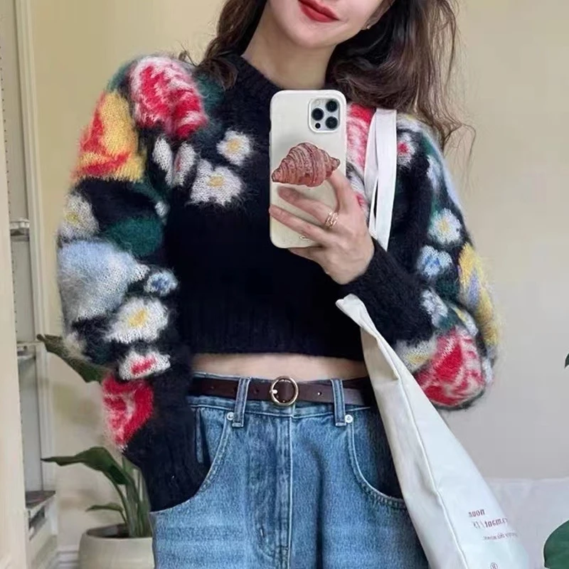 

Limiguyue Flower Print Sweater Women Vintage French Autumn Winter Cropped Jumper Slim O-Neck Tops Short Gentle Soft Knitwear