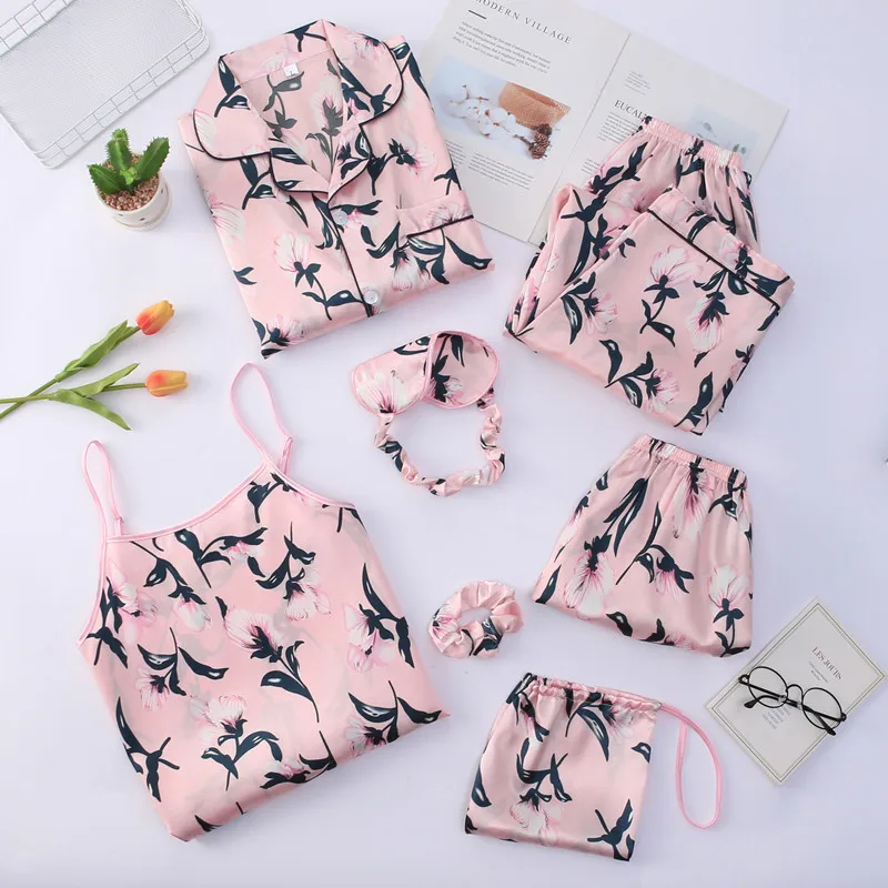 New Arrivals Spring Summer Female Luxury Satin Silky Seven-Pieces Pijama Set Pyjamass Sleepwear Set Cartoon Floral Pattern Gown