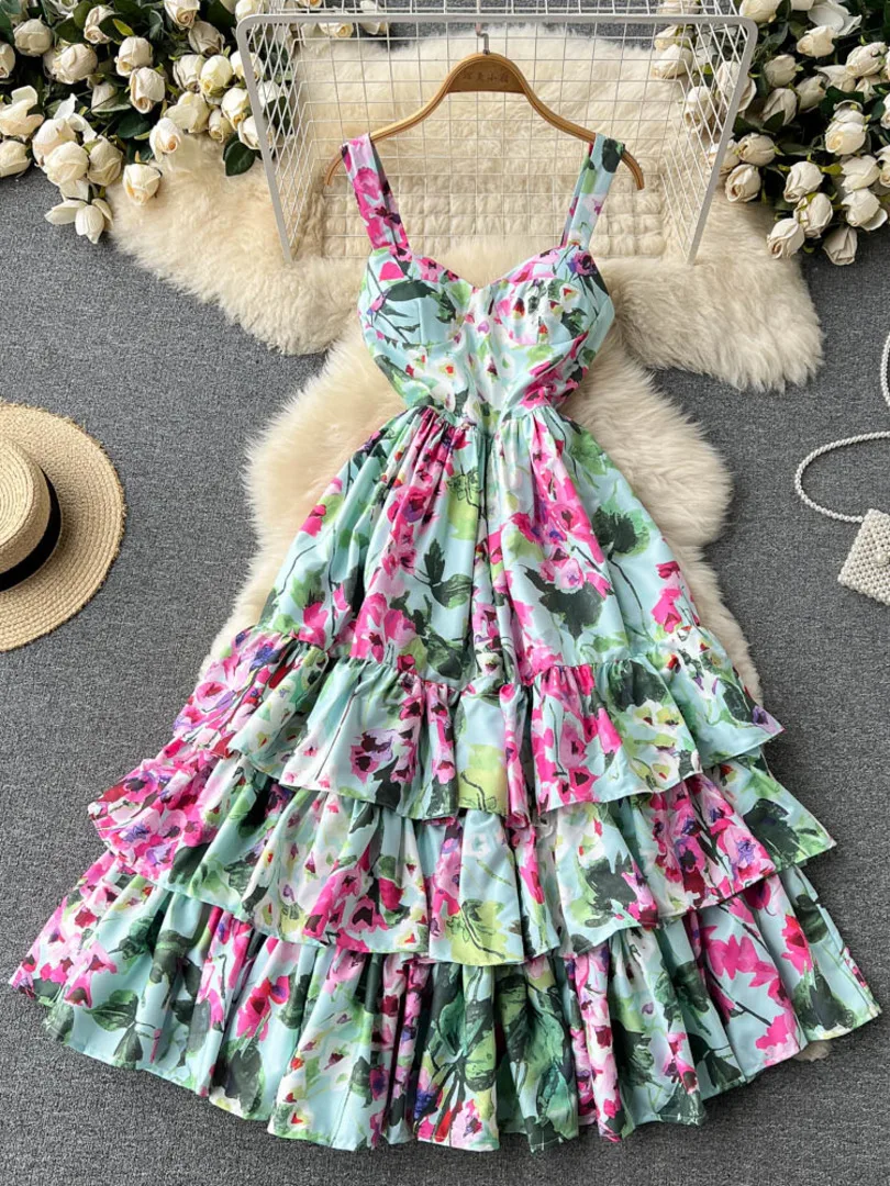 

2022 Summer Women Elegant Floral Dress Sexy Spaghetti Strap Sleeveless High Waist A-line Midi Boho Beach Party Holidays Dress