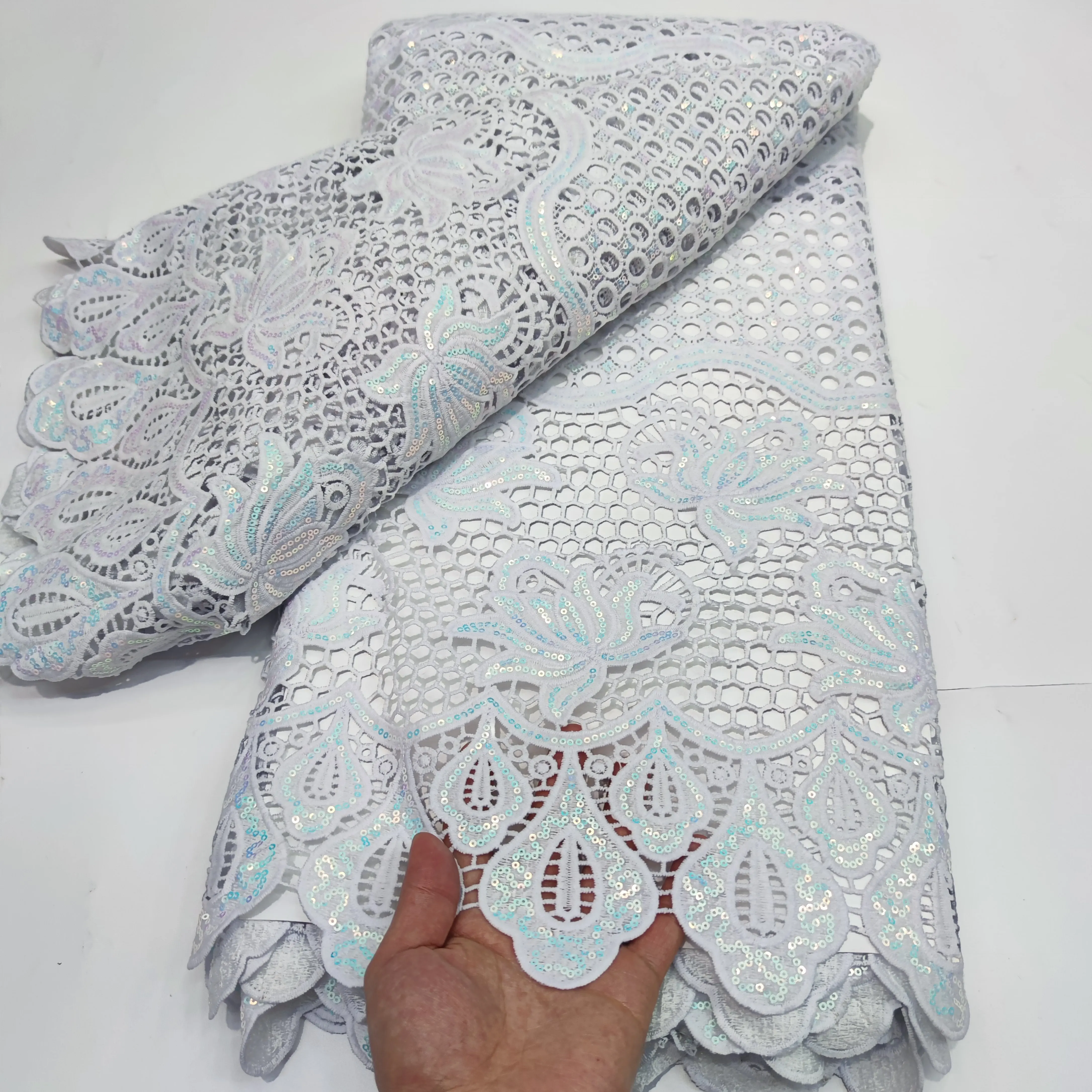 

French Latest 5 Yards Sequin Fabric Net Lace 2022 Africa High Quality Silk Milk Mesh Lace Nigeria Women Dinner Prom Dress Sew