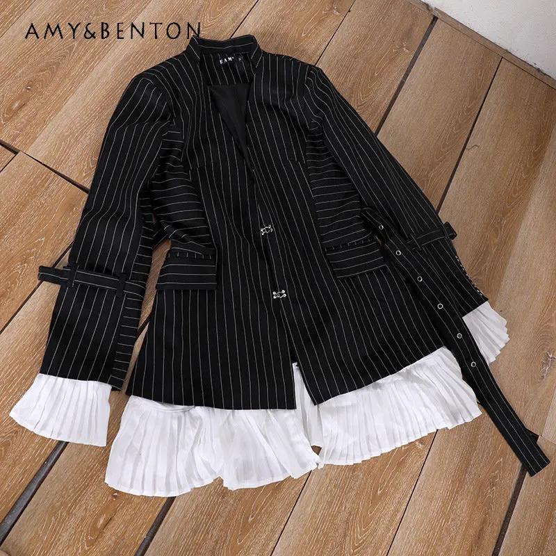 Striped Design Mid-Length Suit Coat Women's Spring Autumn New Detachable Pleated Long Sleeve Blazer Jacket with Belt