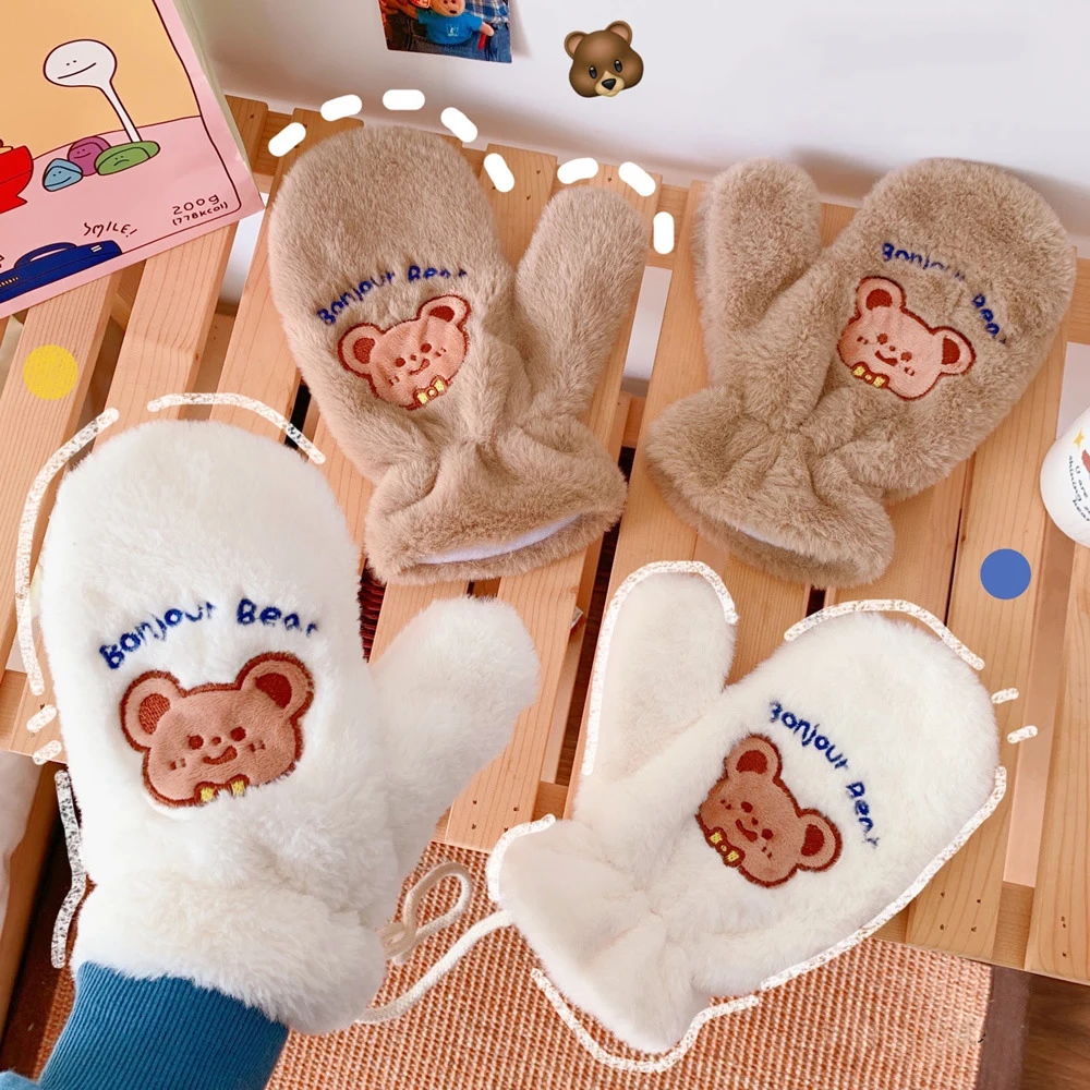 

2022 Females Korean Ins Bear Dog Gloves Women's Girls Winter Kawaii Cute Bears Plush Fur Thick Riding Mittens Glove Keep Warm
