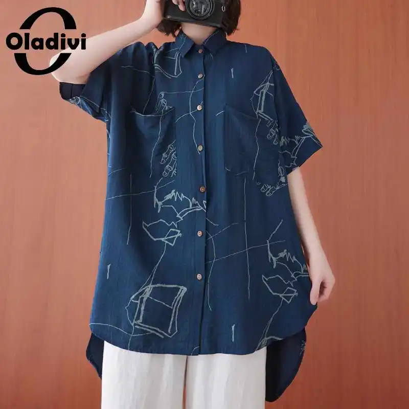 

Oladivi Oversize Oversized Printed Cotton Linen Blouses Short Sleeve Women Casual Loose Top Summer Button Shirt Tunic Blusa 6XL