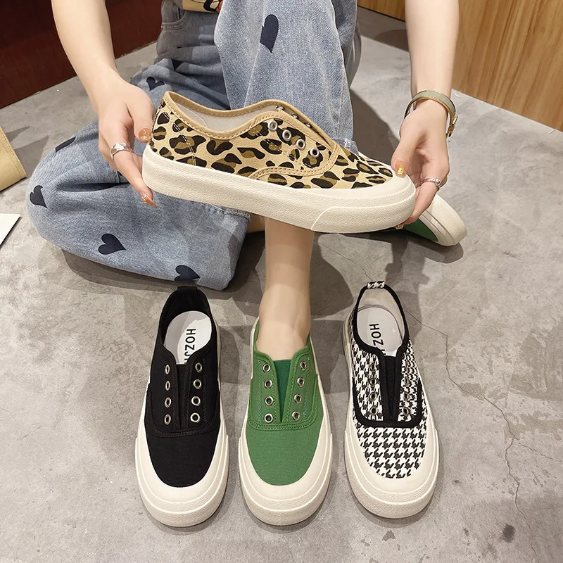 

Women's Spring Summer Sneakers New Square Toe Leopard Print Canvas Shoes Woman Vulcanized Sports Shoes Houndstooth Zebra Sneaker
