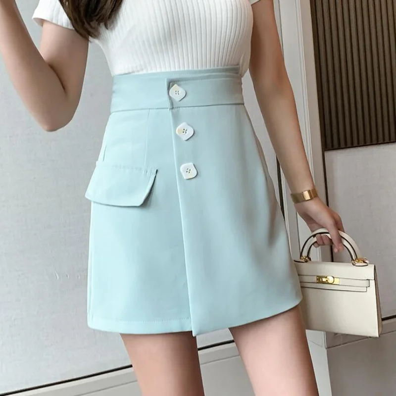 

Women Solid Color Buttons Office Lady Skirt Elegant High Waist A-line Mini Short Skirt Black Asymmetric Female Formal Clothing