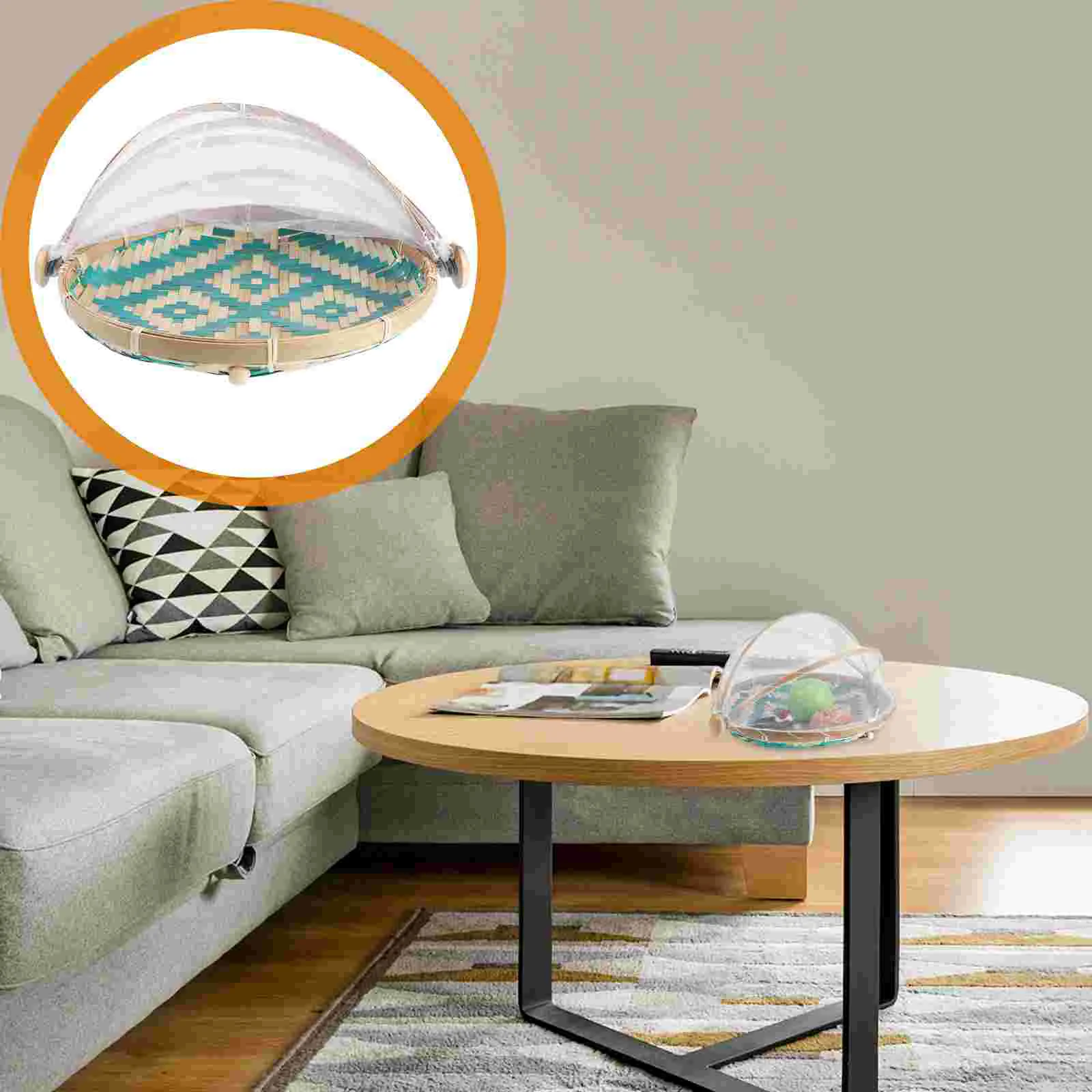 

1Pc Bamboo Food Basket Household Bamboo Ware with Net Yarn Cover (Green)