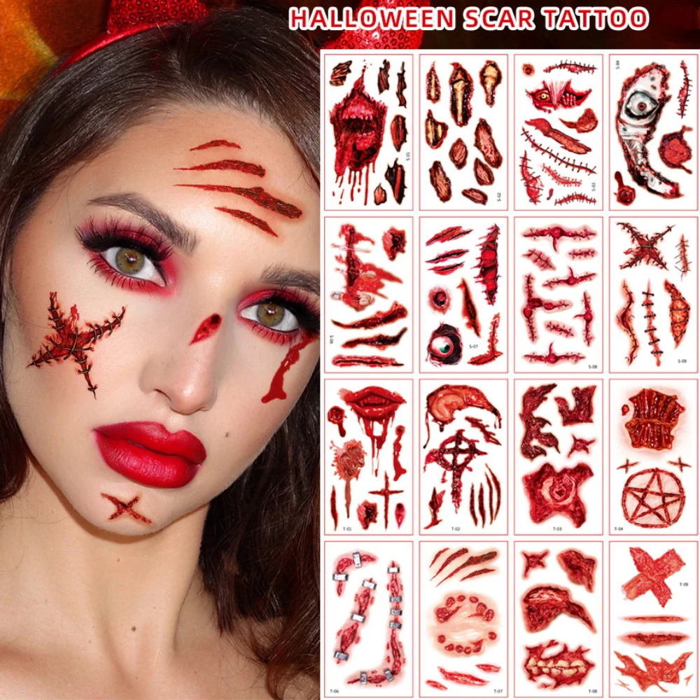 

30 Pcs Horror Halloween Tattoo Stickers Realistic Bloody Wound Scar Tattoo Sticker Halloween Masquerade Prank Body Makeup Props