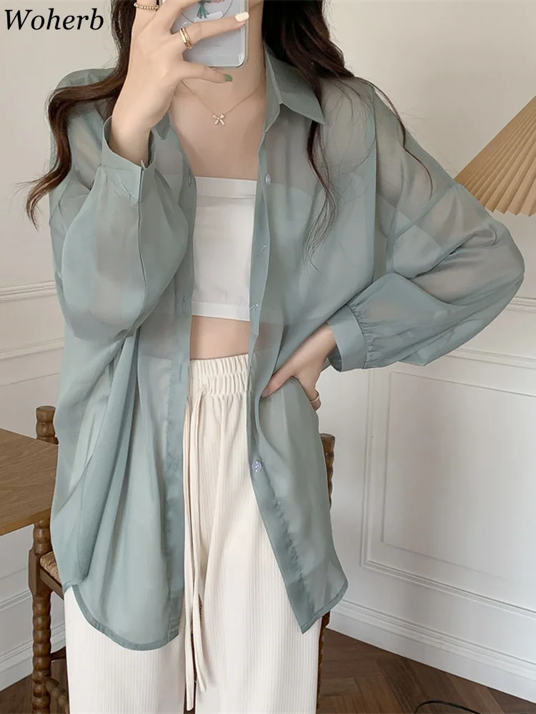Woherb 2023 Просвечивающая рубашка для женщин блузка с длинным рукавом Женский Летний