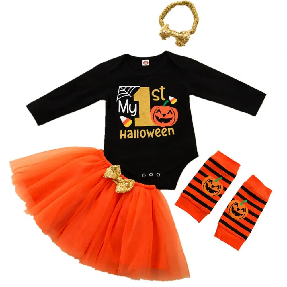 

1 Set Kids Romper Suit 4-Pieces Round Neck Charming Pumpkin Print Halloween Jumpsuits for Leisure