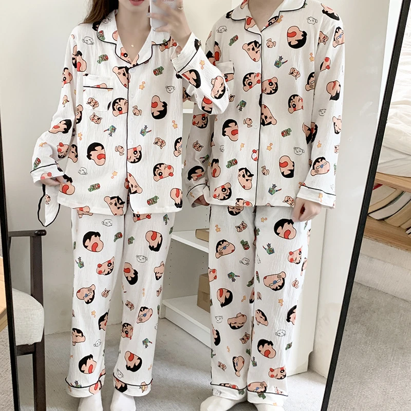 

Пижама Kawaii Crayon Shin-chan аниме из чистого хлопка новинка осенний костюм с длинным рукавом домашняя парная мультяшная Домашняя одежда милая одежда