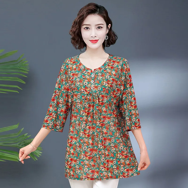 

6XL 7XL Plus size Women Spring Summer Blouses Shirts Lady Fashion Casual Half Sleeve O-Neck Collar Flower Printing Blusas Tops