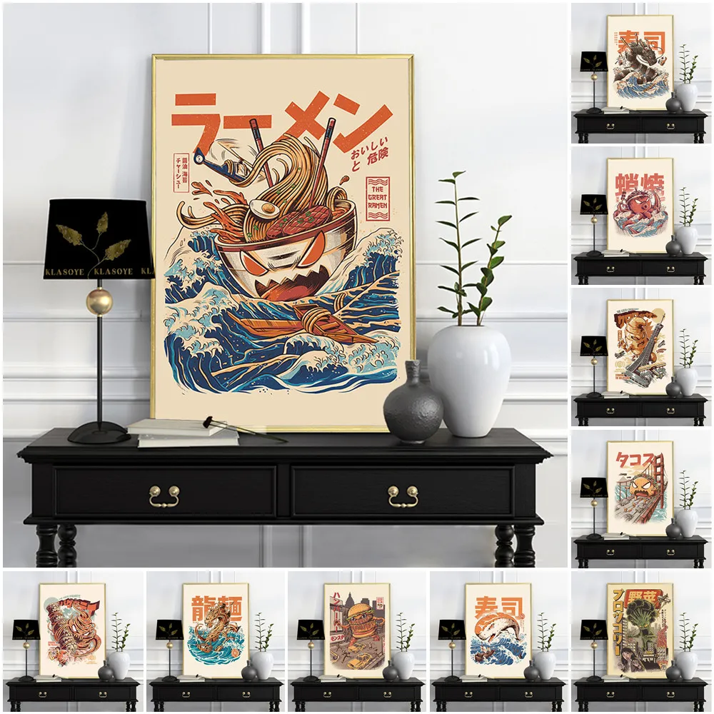 

Funny Food Art Japanese Advertising Print Vintage Poster Ramen Sushi Takoyaki Wall Picture Snack Bar Home Decor Canvas Painting