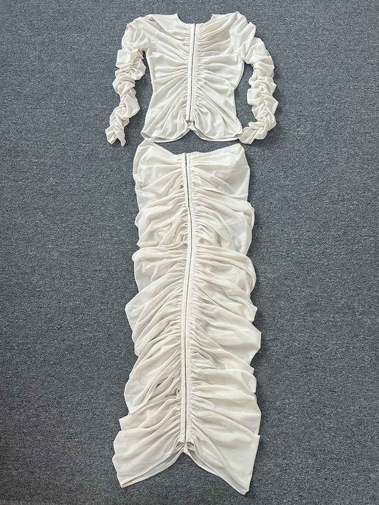 Ins Hot WomenSexy с длинным рукавом и кружевной сеткой телесного цвета юбкой