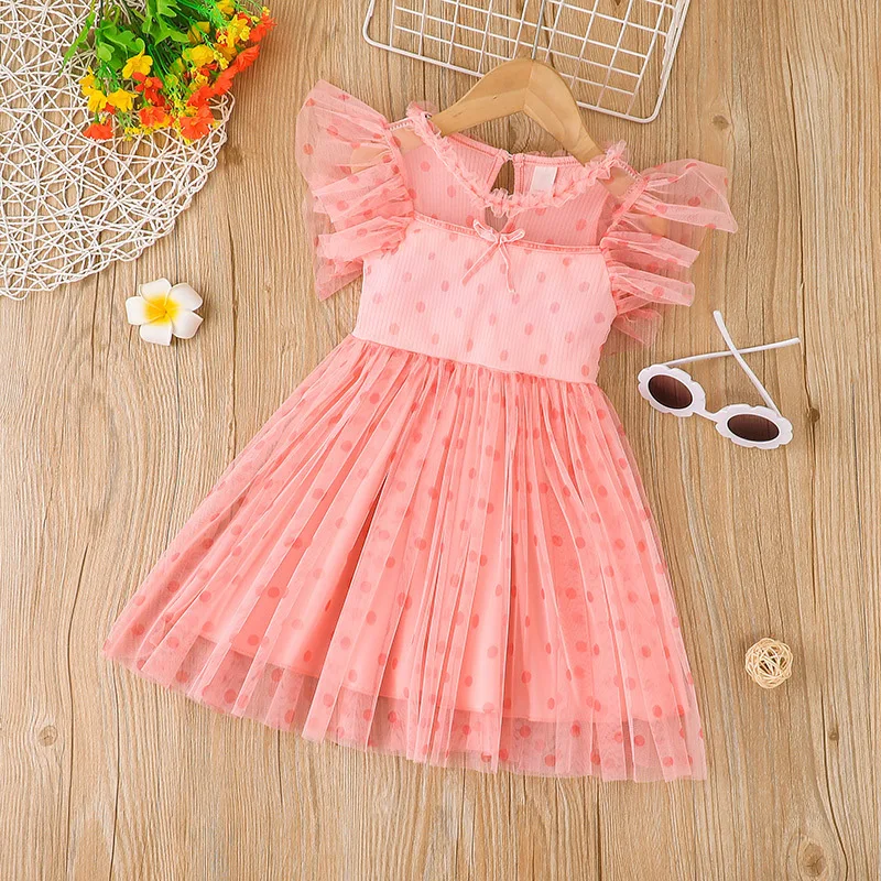 

Summer 2022 New Arrivals Girls Sleeveless O Neck Mesh Dot Pink Roupa Infantil Menina Cute Party Dress Custume 18M-6T