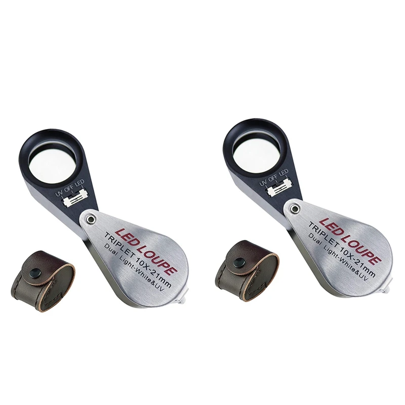 

Big Deal 2Pcs 10X Magnification Jeweler Loupe Triplet Lens Magnifier With 6 LED UV Light 21Mm For Gems, Jewelry, Coins, Stamps
