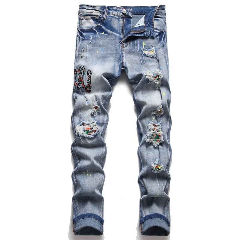 

Мужские рваные джинсы 2023Jeans, повседневные однотонные брюки из денима в уличном стиле, в байкерском стиле