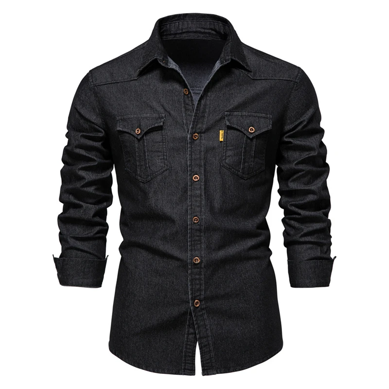 FOJAGANTO Men's Spring Denim Shirts Casual Solid Color Lapel Long Sleeve Fashion Slim Fit Cotton for Men |