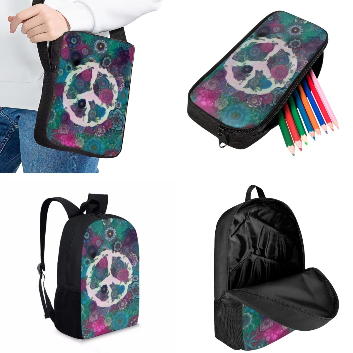 Jackherelook Trendy Teenagers School Bags Set Fashion Peace Print Kids Travel Backpack College Student Laptop Bag Practical Bags
