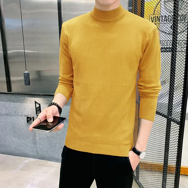 Мужской зимний вязаный свитер с высоким воротником однотонный базовый