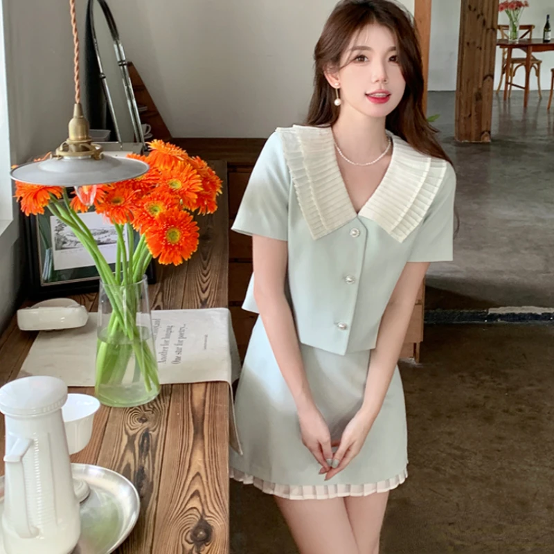 

DUOFAN Women's Set 2023 New Summer Sweet Small Fragrance Lady Suits Female Short Sleeve Tops+Hip Wrap Half Skirts Two Piece Sets