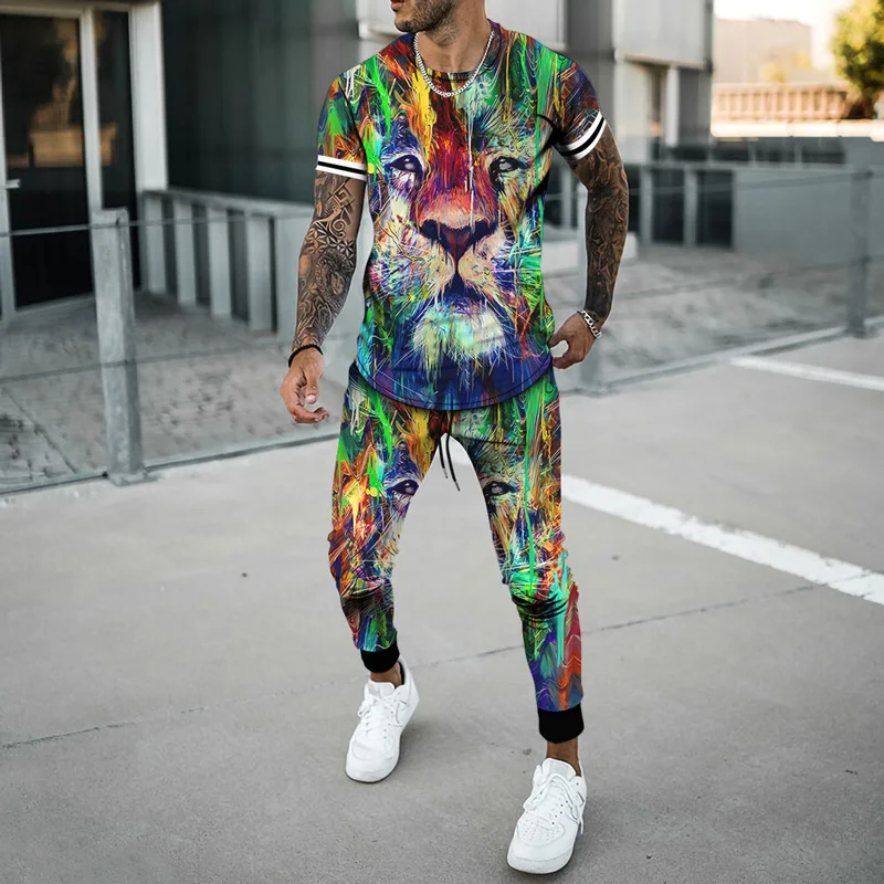 Spring And Summer Mens 2 Piece Set Oversized T Shirts Joogers Outfits Fashion Trousers Tracksuit 3D Printed Trend Male Clothing