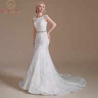 wedding dress 2022 elegant long tulle lace appliques rhinestone belt mermaid cap sleeves illusion back bride gown court train