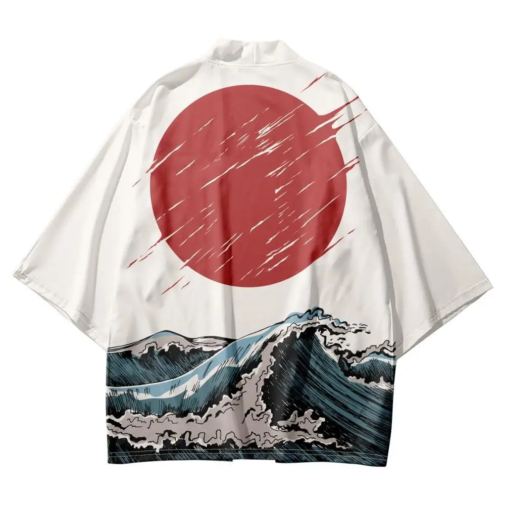

2023 Summer Beach Wave Print Kimono Streetwear Traditional Cardigan Sleeve Shirt Haori Fashion Kimono Yukata Men Women