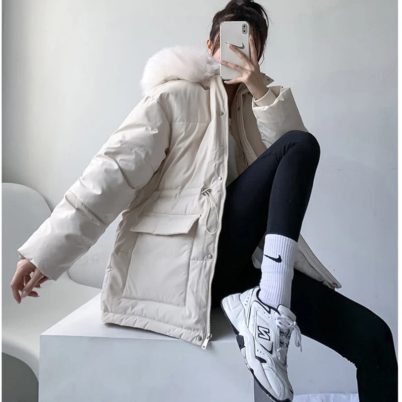 Женская парка с большим меховым воротником теплая Толстая на хлопковом