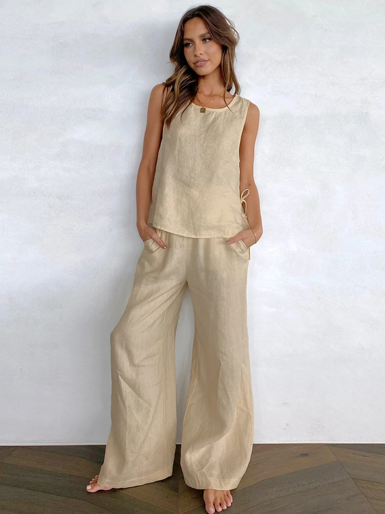 

Mnealways18 костюмы из хлопка и льна из двух предметов, летние повседневные женские брюки, наряды, топ на шнуровке и свободные длинные брюки, комп...