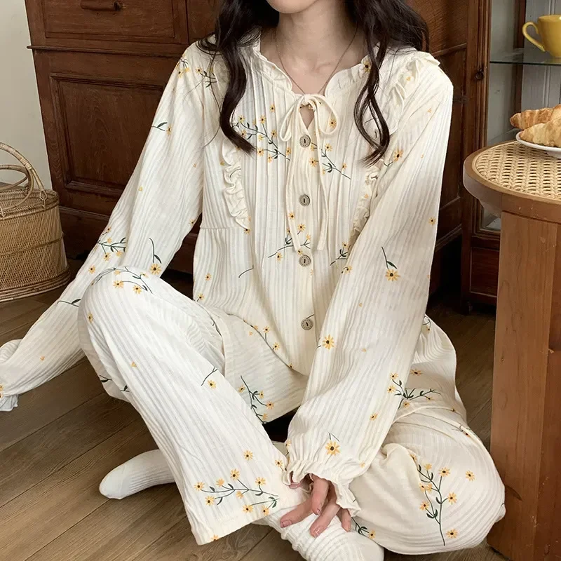 

Knitted Female Sleepewear Loungewear Woman Fashion Sleeve Suit Leisure Wear Pajamas Lounge Print Long Autumn Cotton Fdfklak