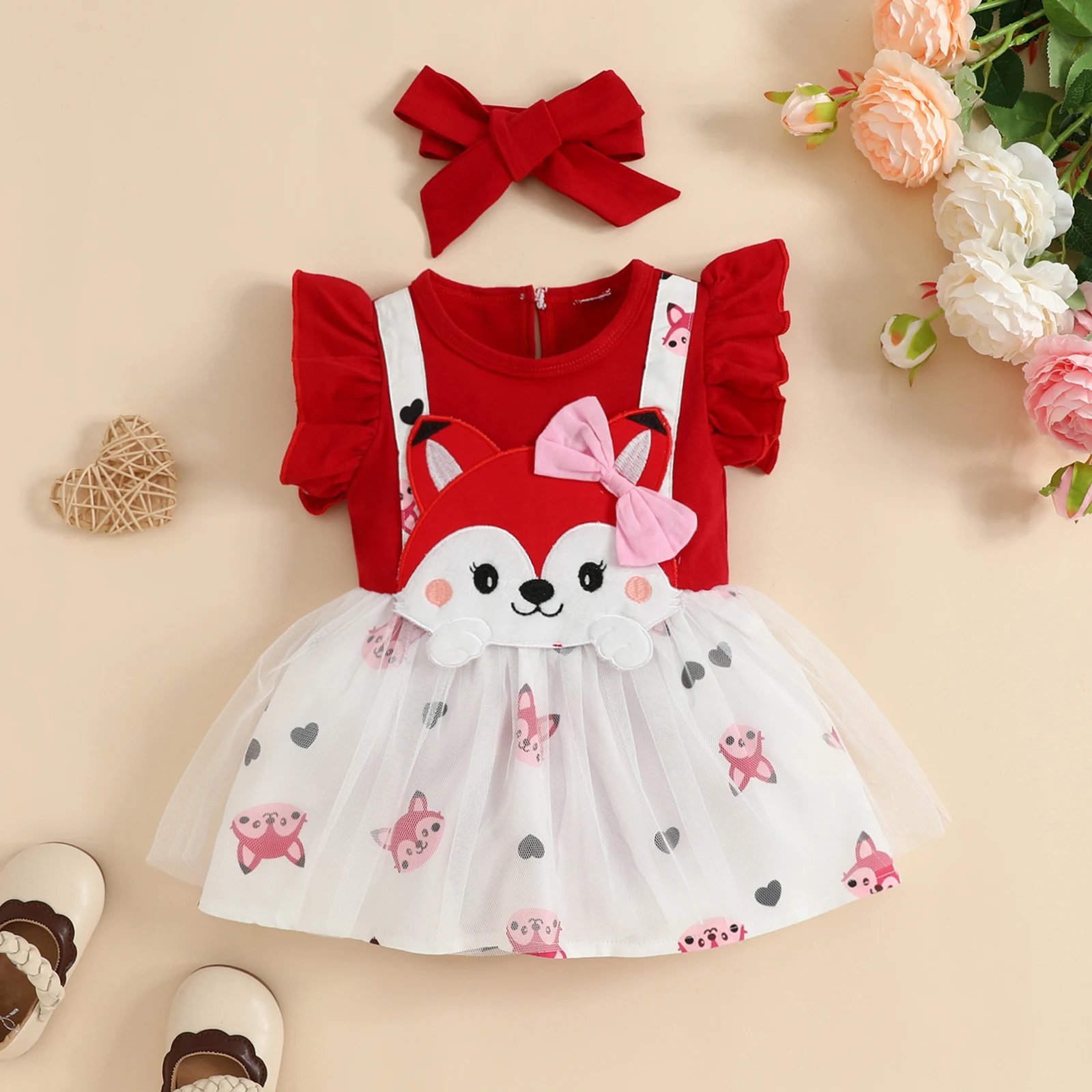 2Pcs New Baby Girls Lovely Romper Set Toddle Fly Sleeve Crew Neck Cartoon Fox Tulle A-line Dress with Headband Suits