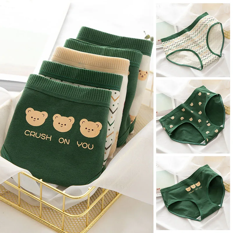 1PCS Cute Cotton Women's Panties Green bear Underpants Women Mid Waist Briefs Ladies Comfortable Shorts Lingerie Panty New