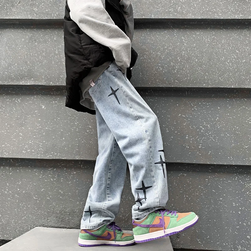2022 Embroidered Jeans Men Straight Loose Wide-leg Pants  Korean Fashion High Street Hip Hop Style Men Casual Trousers