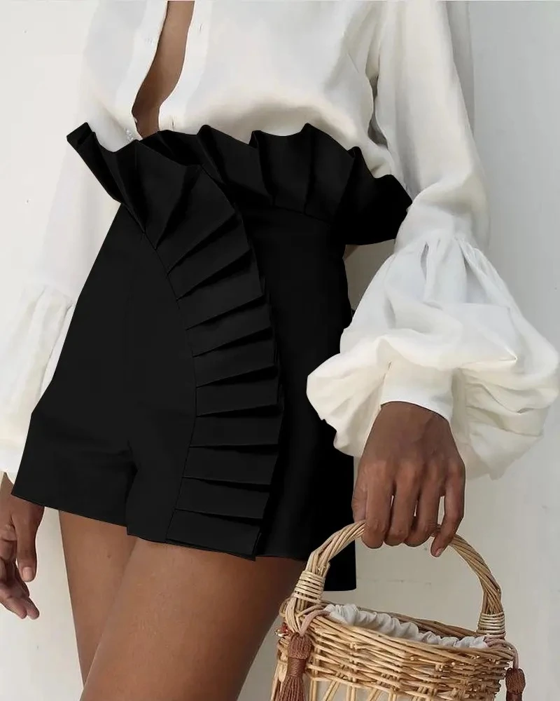 Elegant Ruffles Summer Shorts Women Pleated High Waist Fashion Casual Pants Female Sexy Bottom Office Lady Clothing Outfits
