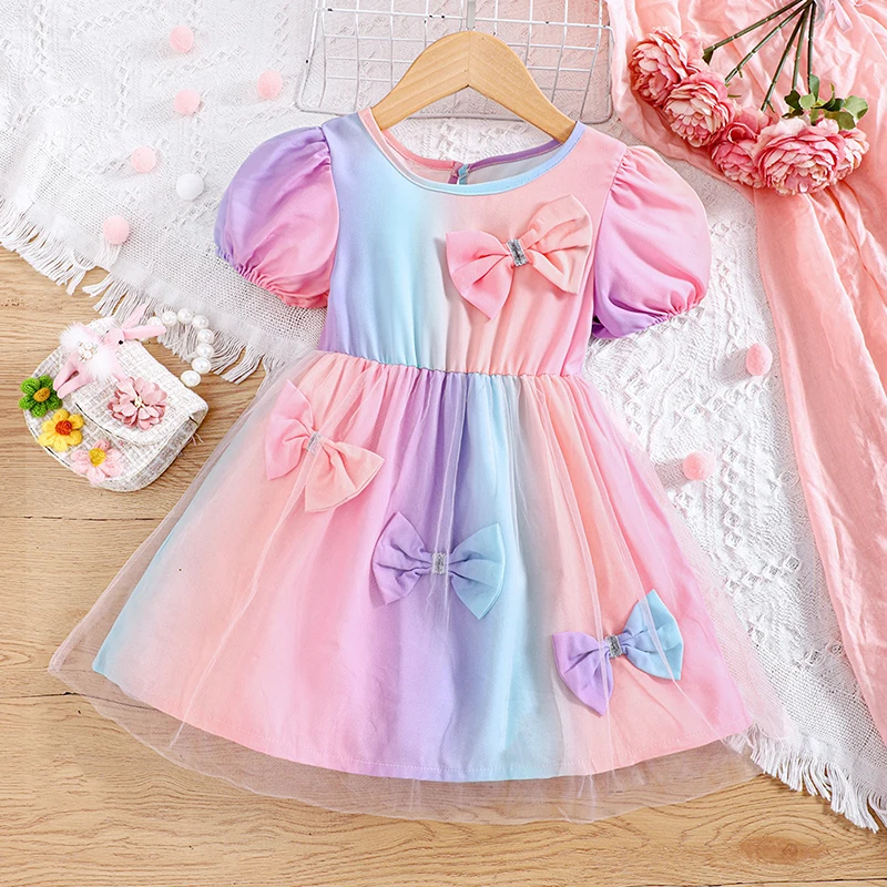 Girls Colorful Gradient Princess Dress Summer Kids Puff-sleeve Butterfly-knots Lace Party Dresses 2-6Y Vestidos Children Clothes