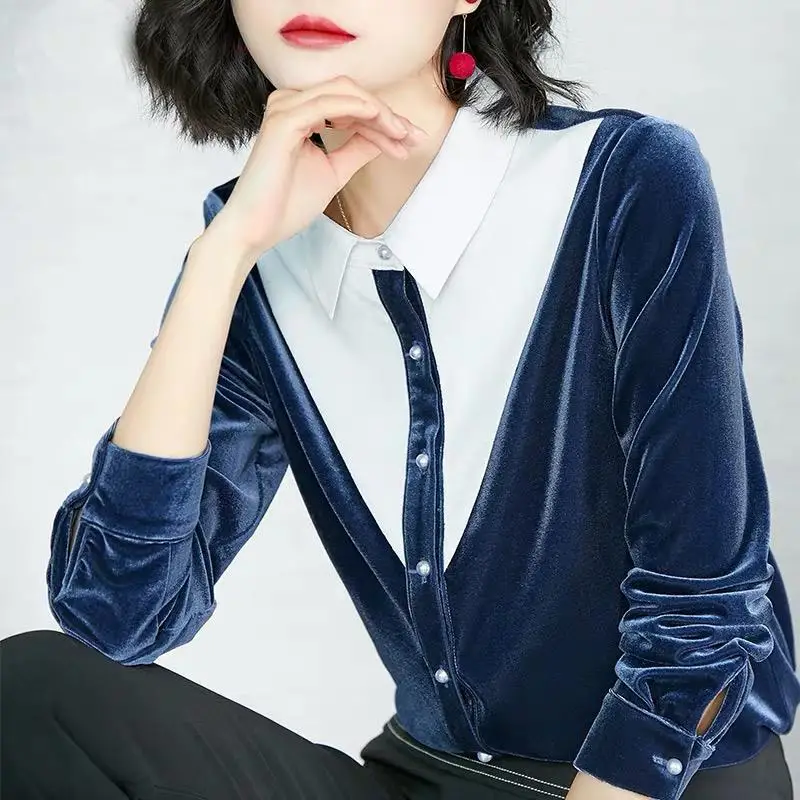 

Woman Velvet Long-sleeved Shirt Female Autumn Style Thicken Loose Button Up Shirt Ladies Blouse Retro Bottoming Shirt Tops G477