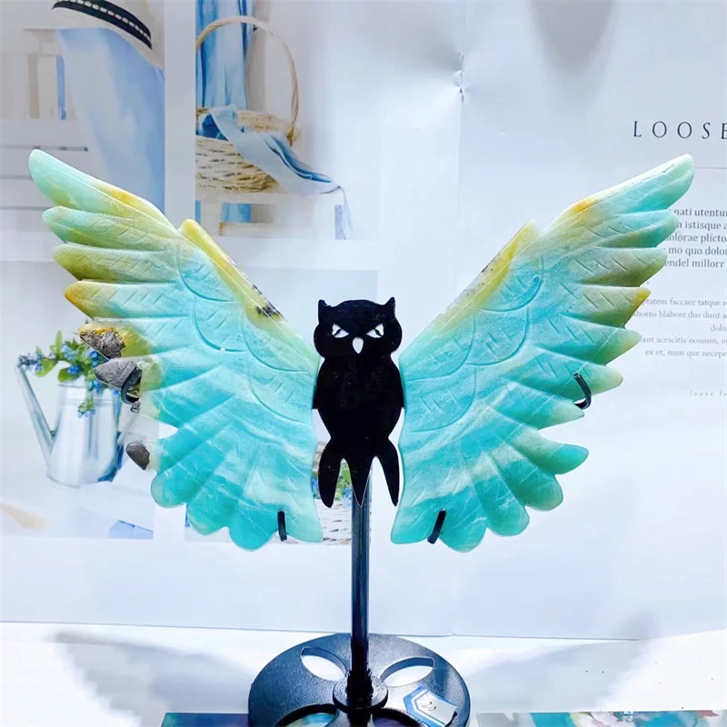 

Natural Amazonite Owl Wings With Stand Energy Gemstone Healing Crystal Stone Home Decoration Fengshui Gift 1pair