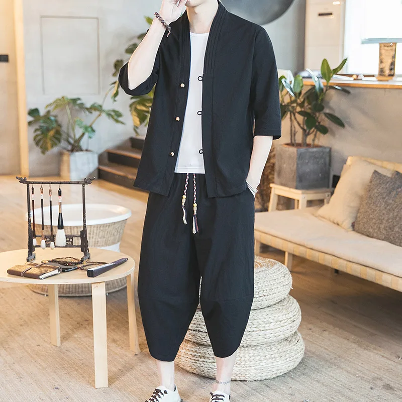 

Spring and summer new Chinese men's cotton and linen suit five sleeve jacket seven point trousers Tang suit leisure fashion suit